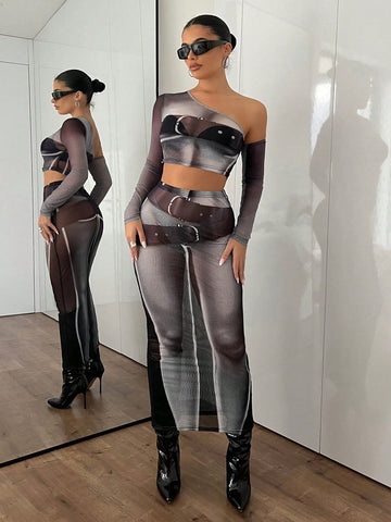 Women's Asymmetrical Collar Human Body Print Cropped Top And Pants Two Piece Set Women's Asymmetrical Collar Human Body Print Cropped Top And Pants Two Piece Set