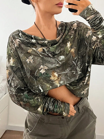 ICON Women's Branch Printed Loose Drop Shoulder Fashion T-Shirt ICON Women's Branch Printed Loose Drop Shoulder Fashion T-Shirt