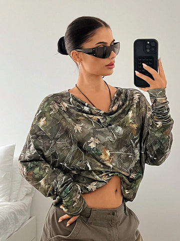 ICON Women's Branch Printed Loose Drop Shoulder Fashion T-Shirt ICON Women's Branch Printed Loose Drop Shoulder Fashion T-Shirt