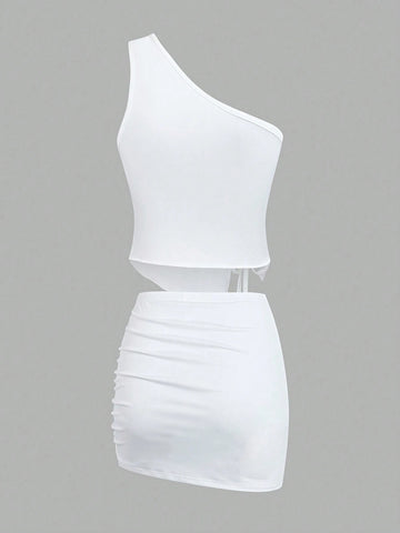 Women's One Shoulder Sleeveless Drawstring Top And Skirt Set Women's One Shoulder Sleeveless Drawstring Top And Skirt Set