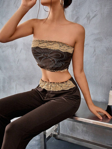 Women's Rhinestone Decorated Lace Strapless Top And Skirt Set Women's Rhinestone Decorated Lace Strapless Top And Skirt Set