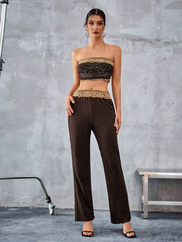 Women's Rhinestone Decorated Lace Strapless Top And Skirt Set Women's Rhinestone Decorated Lace Strapless Top And Skirt Set