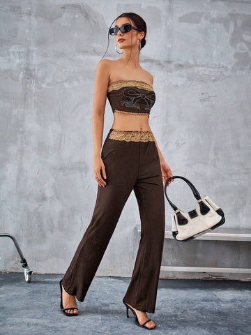 Women's Rhinestone Decorated Lace Strapless Top And Skirt Set Women's Rhinestone Decorated Lace Strapless Top And Skirt Set