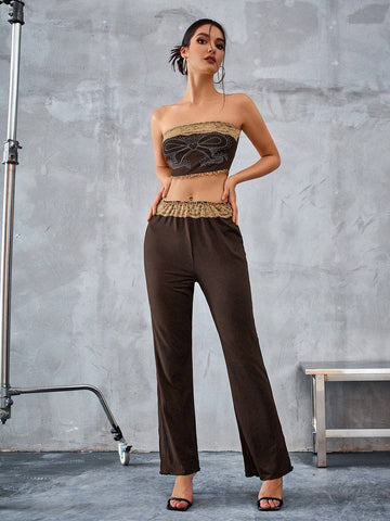 Women's Rhinestone Decorated Lace Strapless Top And Skirt Set Women's Rhinestone Decorated Lace Strapless Top And Skirt Set