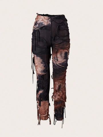 Women's Sexy Tie-Dye Mesh Splice Asymmetrical Hem Tube Top And Long Pants Set, Summer Women's Sexy Tie-Dye Mesh Splice Asymmetrical Hem Tube Top And Long Pants Set, Summer