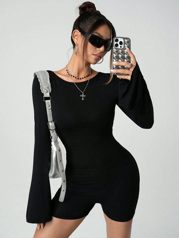 Women's Solid Color Round Neck Long Sleeve Casual Backless Jumpsuit Women's Solid Color Round Neck Long Sleeve Casual Backless Jumpsuit