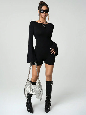 Women's Solid Color Round Neck Long Sleeve Casual Backless Jumpsuit Women's Solid Color Round Neck Long Sleeve Casual Backless Jumpsuit