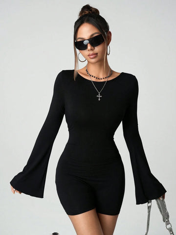 Women's Solid Color Round Neck Long Sleeve Casual Backless Jumpsuit Women's Solid Color Round Neck Long Sleeve Casual Backless Jumpsuit
