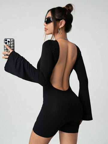 Women's Solid Color Round Neck Long Sleeve Casual Backless Jumpsuit Women's Solid Color Round Neck Long Sleeve Casual Backless Jumpsuit