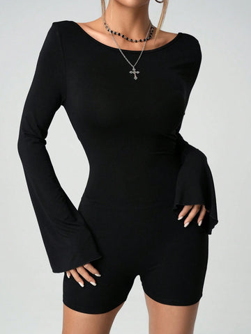 Women's Solid Color Round Neck Long Sleeve Casual Backless Jumpsuit Women's Solid Color Round Neck Long Sleeve Casual Backless Jumpsuit