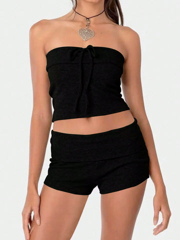 Women's Strapless Crop Top And Shorts Set With Front Tie Women's Strapless Crop Top And Shorts Set With Front Tie