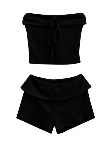Women's Strapless Crop Top And Shorts Set With Front Tie Women's Strapless Crop Top And Shorts Set With Front Tie