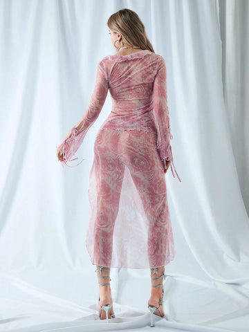 Women's Summer Sexy Floral Printed Mesh Top With Bow Tie And High Side Slit Skirt Set Women's Summer Sexy Floral Printed Mesh Top With Bow Tie And High Side Slit Skirt Set