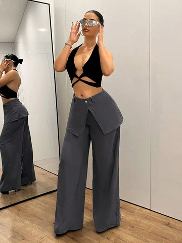 ICON Y2k Women's Casual Super Wide-Leg Wrap-Waist Design Palazzo Pants Sporty Casual Cargo Pants ICON Y2k Women's Casual Super Wide-Leg Wrap-Waist Design Palazzo Pants Sporty Casual Cargo Pants