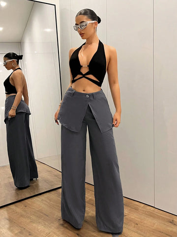 ICON Y2k Women's Casual Super Wide-Leg Wrap-Waist Design Palazzo Pants Sporty Casual Cargo Pants ICON Y2k Women's Casual Super Wide-Leg Wrap-Waist Design Palazzo Pants Sporty Casual Cargo Pants