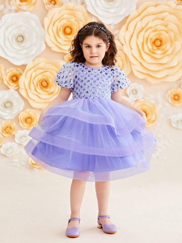 Kids Nujoom Young Girl's Cute Puff Sleeve Layered Mesh Panel Dress Kids Nujoom Young Girl's Cute Puff Sleeve Layered Mesh Panel Dress