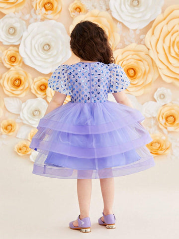 Kids Nujoom Young Girl's Cute Puff Sleeve Layered Mesh Panel Dress Kids Nujoom Young Girl's Cute Puff Sleeve Layered Mesh Panel Dress