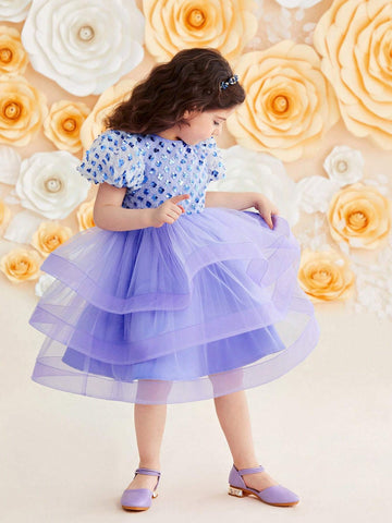 Kids Nujoom Young Girl's Cute Puff Sleeve Layered Mesh Panel Dress Kids Nujoom Young Girl's Cute Puff Sleeve Layered Mesh Panel Dress