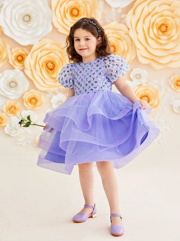 Kids Nujoom Young Girl's Cute Puff Sleeve Layered Mesh Panel Dress Kids Nujoom Young Girl's Cute Puff Sleeve Layered Mesh Panel Dress