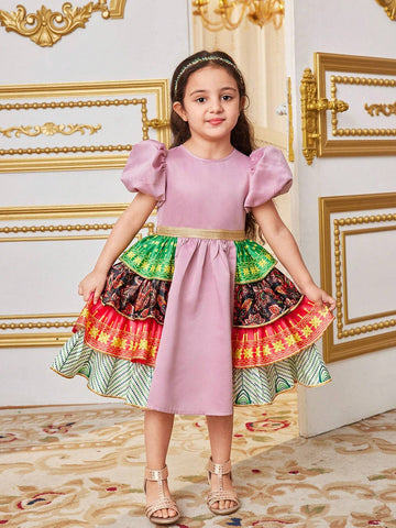 Kids Nujoom Young Girl's Round Neck Bubble Sleeve Ethic Style Printed Layered Ruffle Patchwork Dress Kids Nujoom Young Girl's Round Neck Bubble Sleeve Ethic Style Printed Layered Ruffle Patchwork Dress