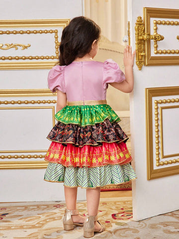 Kids Nujoom Young Girl's Round Neck Bubble Sleeve Ethic Style Printed Layered Ruffle Patchwork Dress Kids Nujoom Young Girl's Round Neck Bubble Sleeve Ethic Style Printed Layered Ruffle Patchwork Dress