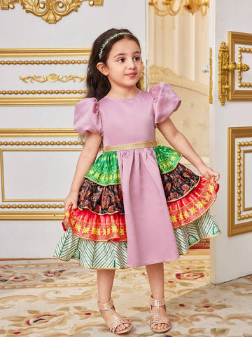 Kids Nujoom Young Girl's Round Neck Bubble Sleeve Ethic Style Printed Layered Ruffle Patchwork Dress Kids Nujoom Young Girl's Round Neck Bubble Sleeve Ethic Style Printed Layered Ruffle Patchwork Dress