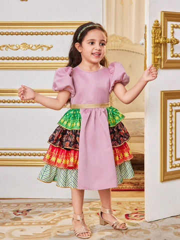 Kids Nujoom Young Girl's Round Neck Bubble Sleeve Ethic Style Printed Layered Ruffle Patchwork Dress Kids Nujoom Young Girl's Round Neck Bubble Sleeve Ethic Style Printed Layered Ruffle Patchwork Dress