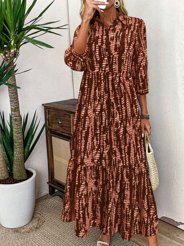 1pc Women Casual Elegant Random Print Long Sleeve Loose Dress, Autumn 1pc Women Casual Elegant Random Print Long Sleeve Loose Dress, Autumn