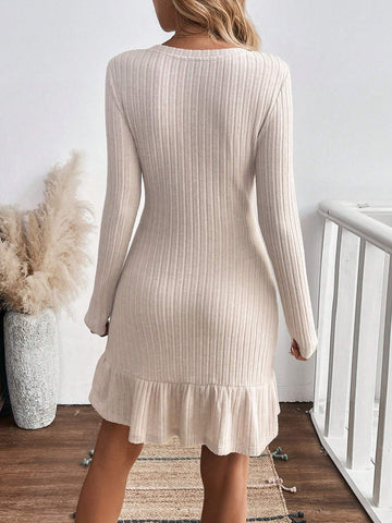 1pc Women Casual Slim Fit Button-Up Ruffle Hem Ribbed Knit Long Sleeve Dress 1pc Women Casual Slim Fit Button-Up Ruffle Hem Ribbed Knit Long Sleeve Dress