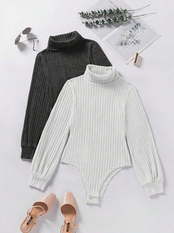 1pc Women Solid Color Rib-Knit Turtleneck Long Sleeve Bodysuit 1pc Women Solid Color Rib-Knit Turtleneck Long Sleeve Bodysuit