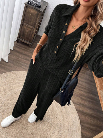 2pcs/Set Women Casual Button Collar Pocket Top And Pants Set, Cozy Home Wear 2pcs/Set Women Casual Button Collar Pocket Top And Pants Set, Cozy Home Wear