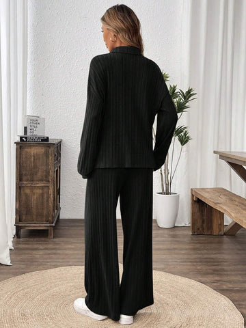 2pcs/Set Women Casual Button Collar Pocket Top And Pants Set, Cozy Home Wear 2pcs/Set Women Casual Button Collar Pocket Top And Pants Set, Cozy Home Wear