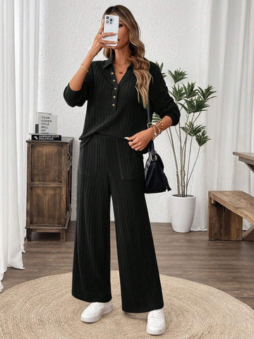 2pcs/Set Women Casual Button Collar Pocket Top And Pants Set, Cozy Home Wear 2pcs/Set Women Casual Button Collar Pocket Top And Pants Set, Cozy Home Wear