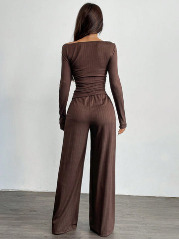 2pcs 2024 Autumn New Loose Feel Women Wide Leg Pants Set, Soft Comfy EU-US Style Slimming Asymmetrical Suit 2pcs 2024 Autumn New Loose Feel Women Wide Leg Pants Set, Soft Comfy EU-US Style Slimming Asymmetrical Suit