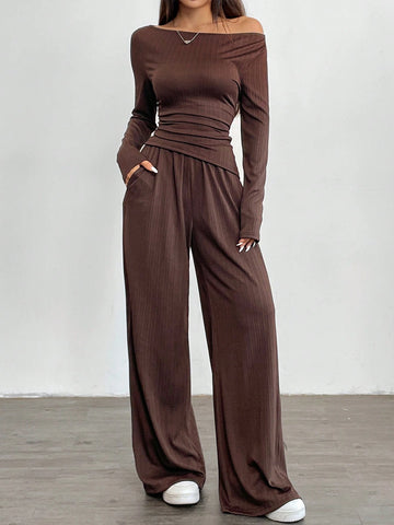 2pcs 2024 Autumn New Loose Feel Women Wide Leg Pants Set, Soft Comfy EU-US Style Slimming Asymmetrical Suit 2pcs 2024 Autumn New Loose Feel Women Wide Leg Pants Set, Soft Comfy EU-US Style Slimming Asymmetrical Suit