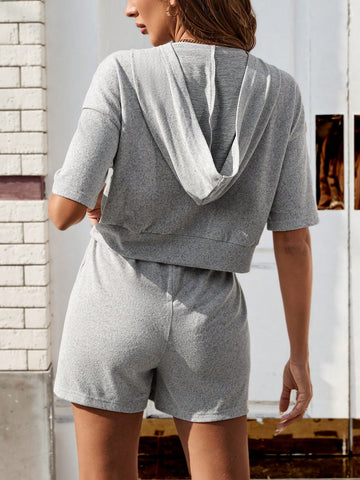 2pcs Ladies' Casual Sports Hooded Short Sleeve Short Sweater With Drawstring, Elastic Waist Shorts Set 2pcs Ladies' Casual Sports Hooded Short Sleeve Short Sweater With Drawstring, Elastic Waist Shorts Set