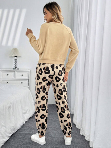 Vintage Leopard Print Heart Pearl Sweatshirt And Drawstring Waist Pocket Tapered Pants Women 2pcs Casual/Commuting/Sporty Elegant Outfit, Autumn/Winter Vintage Leopard Print Heart Pearl Sweatshirt And Drawstring Waist Pocket Tapered Pants Women 2pcs Casual/Commuting/Sporty Elegant Outfit, Autumn/Winter