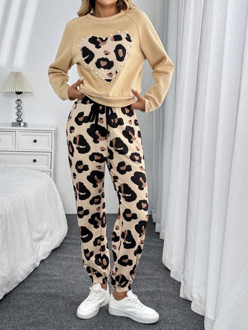 Vintage Leopard Print Heart Pearl Sweatshirt And Drawstring Waist Pocket Tapered Pants Women 2pcs Casual/Commuting/Sporty Elegant Outfit, Autumn/Winter Vintage Leopard Print Heart Pearl Sweatshirt And Drawstring Waist Pocket Tapered Pants Women 2pcs Casual/Commuting/Sporty Elegant Outfit, Autumn/Winter