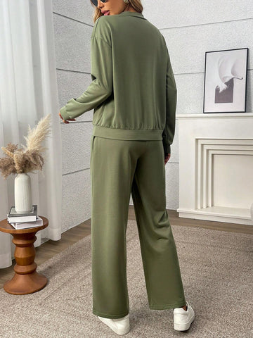 2pcs Women Set Front Button Long Sleeve Blouse And Long Pants, Minimalist Style 2pcs Women Set Front Button Long Sleeve Blouse And Long Pants, Minimalist Style