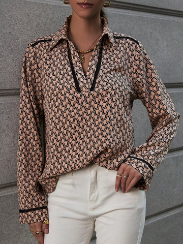 Allover Print Contrast Lace Blouse Allover Print Contrast Lace Blouse