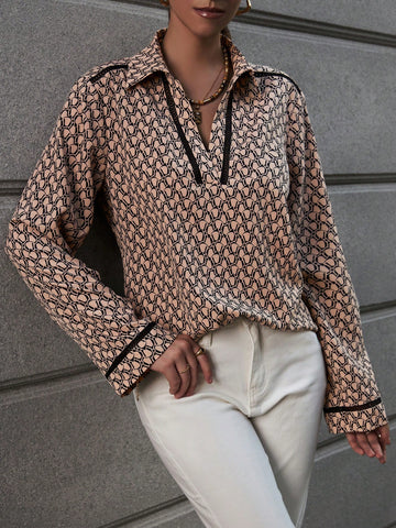 Allover Print Contrast Lace Blouse Allover Print Contrast Lace Blouse