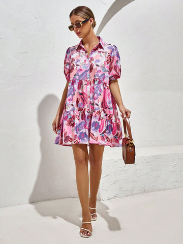 Allover Print Puff Sleeve Ruffle Hem Smock Dress Allover Print Puff Sleeve Ruffle Hem Smock Dress