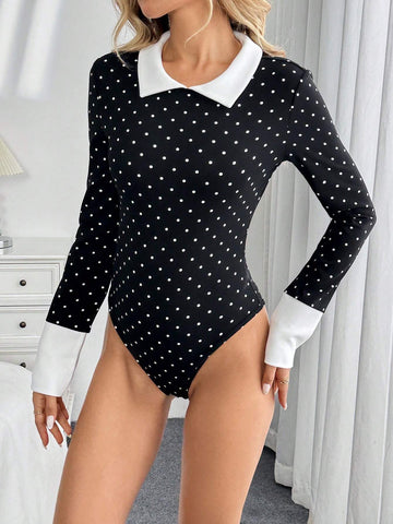 Black & White Polka Dot Print Long Sleeve Bodysuit For Women Black & White Polka Dot Print Long Sleeve Bodysuit For Women