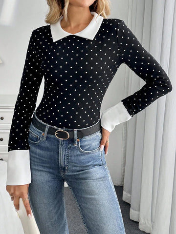 Black & White Polka Dot Print Long Sleeve Bodysuit For Women Black & White Polka Dot Print Long Sleeve Bodysuit For Women