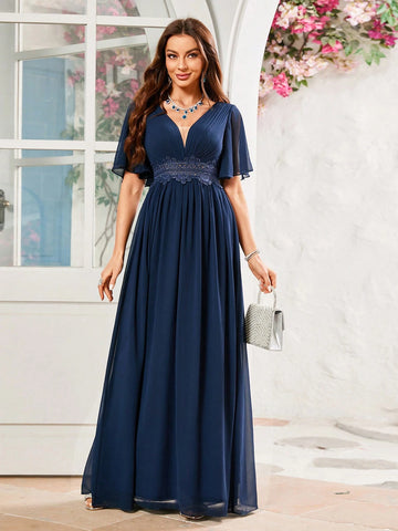 Bridesmaid Dress With Floral Waistband Design And Chiffon Fabric Bridesmaid Dress With Floral Waistband Design And Chiffon Fabric