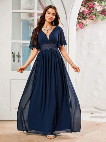 Bridesmaid Dress With Floral Waistband Design And Chiffon Fabric Bridesmaid Dress With Floral Waistband Design And Chiffon Fabric