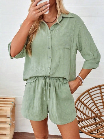 Casual Green Mid-Length Sleeve Open Front Top And Shorts Set, Summer Casual Green Mid-Length Sleeve Open Front Top And Shorts Set, Summer