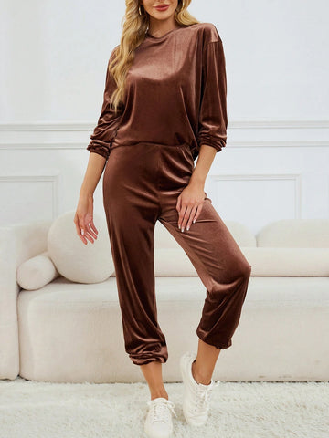 Casual & Versatile Solid Color Velvet Soft Touch Round Neck Long Sleeve & Pants Set For Women, Coffee Color Casual & Versatile Solid Color Velvet Soft Touch Round Neck Long Sleeve & Pants Set For Women, Coffee Color