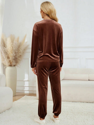 Casual & Versatile Solid Color Velvet Soft Touch Round Neck Long Sleeve & Pants Set For Women, Coffee Color Casual & Versatile Solid Color Velvet Soft Touch Round Neck Long Sleeve & Pants Set For Women, Coffee Color