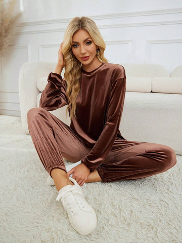 Casual & Versatile Solid Color Velvet Soft Touch Round Neck Long Sleeve & Pants Set For Women, Coffee Color Casual & Versatile Solid Color Velvet Soft Touch Round Neck Long Sleeve & Pants Set For Women, Coffee Color